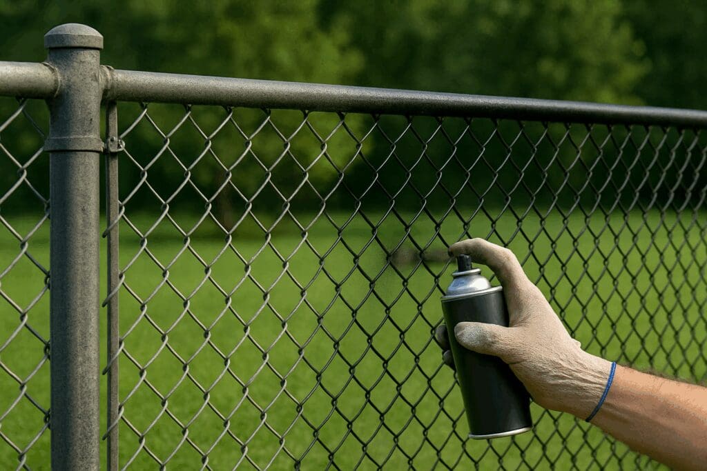 A photo of a man painting a chain link fence